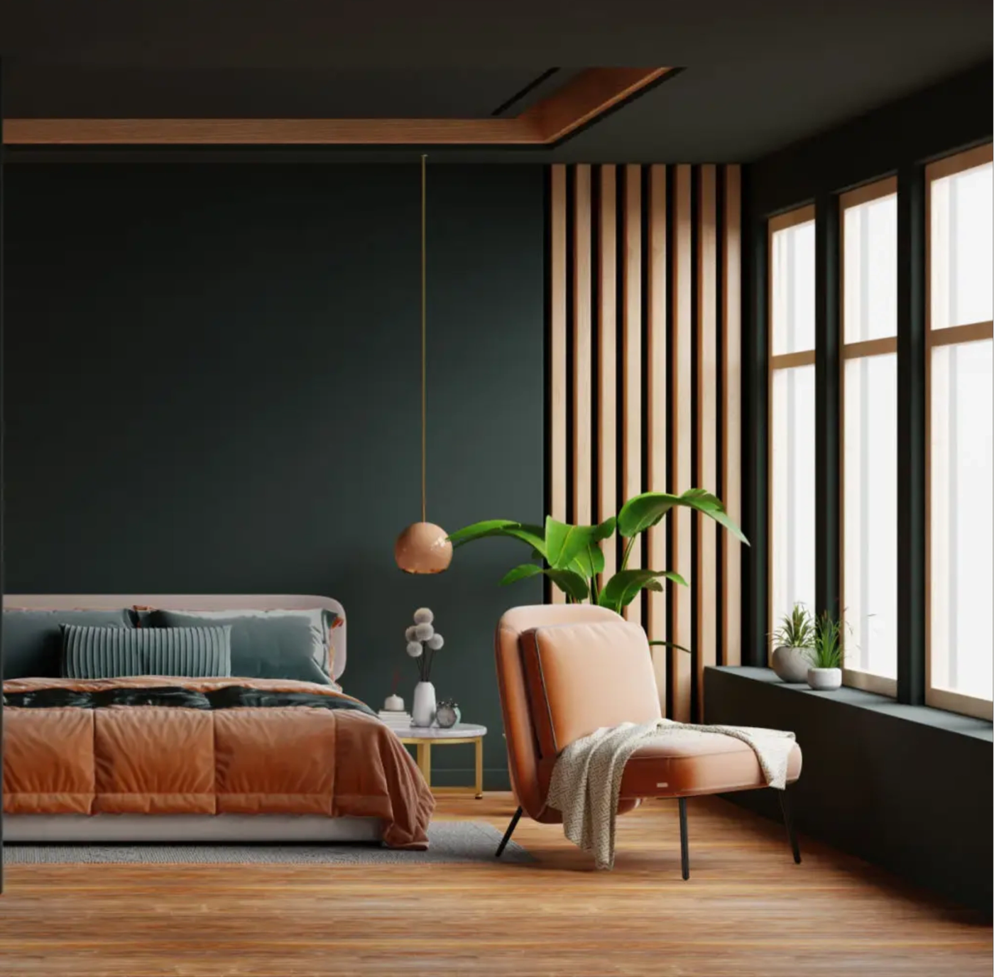 Furnished room with stunning Naturo Ply interior wall panels and louvres